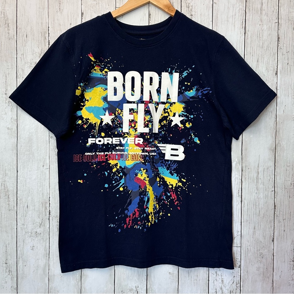 BORN FLY forever Men's Graphic T-Shirt Navy Blue Short Sleeve M
